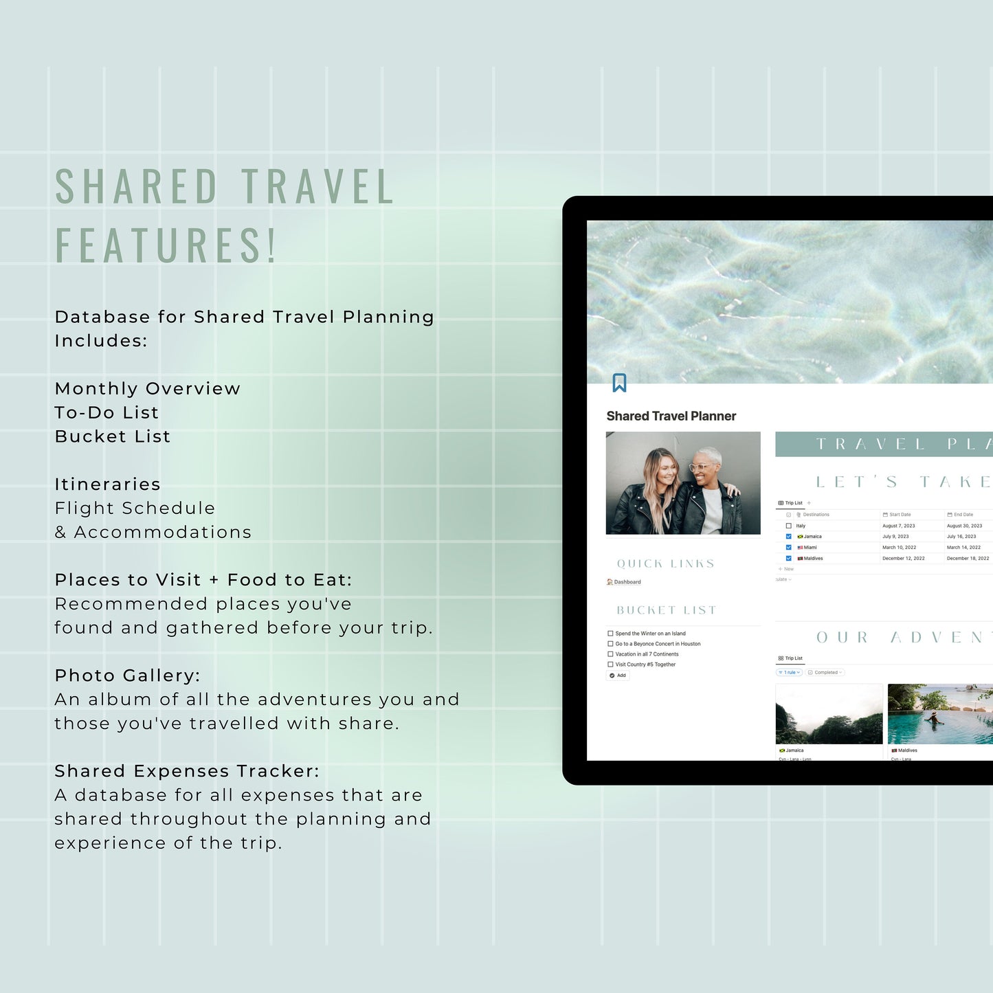 A Shared Travel Planner as a NOTION TEMPLATE | Group Travel Planner | Travel Organiser | Digital Journal No iPad Needed | Notion Templates